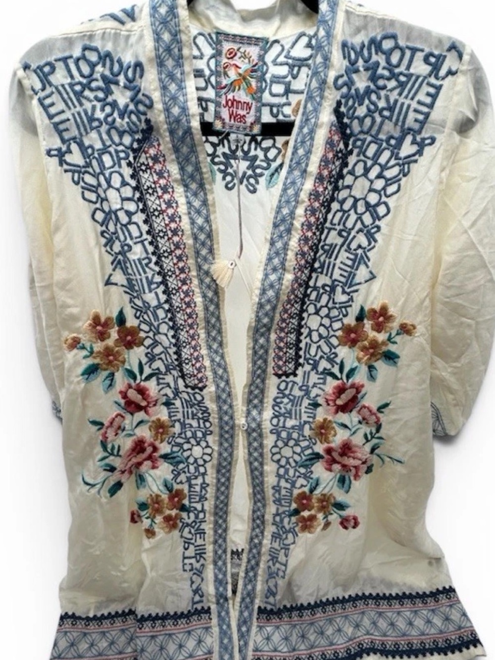 Johnny Was Cream Kimono Cardigan with Blue Geometric and Pink Floral Embroidery